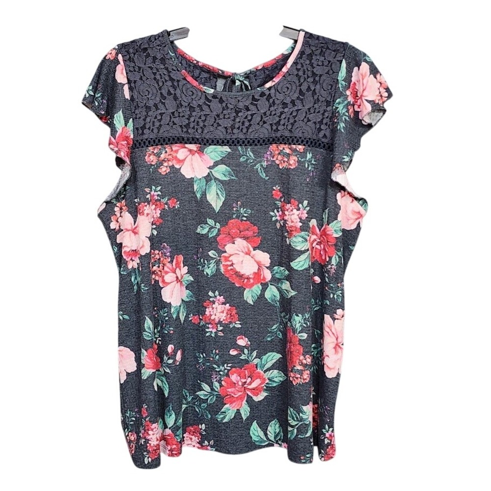 Torrid Short Sleeve Top Textured Crew Neck Lace Tie Back Plus Size 2x Gray Pink